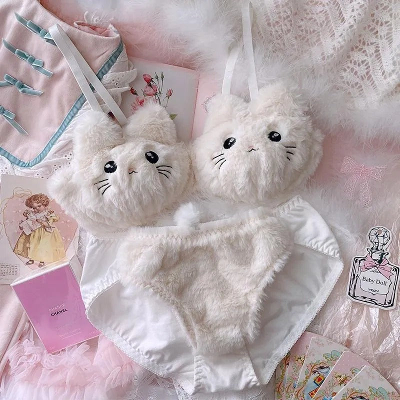 New High Quality Cute Kitty Anime Soft Plush Design Bra & Panty Set