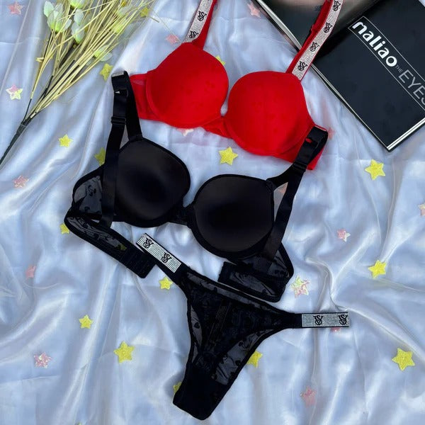High Quality New Style victoria's secret Wired Rhinestone Straps Back Hook Adjustable Straps Bra & Panty Set