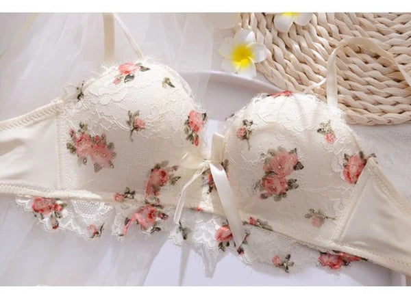 Cute Lace Flower Embroided Adjustable Straps Push Up Bridal Padded Bra