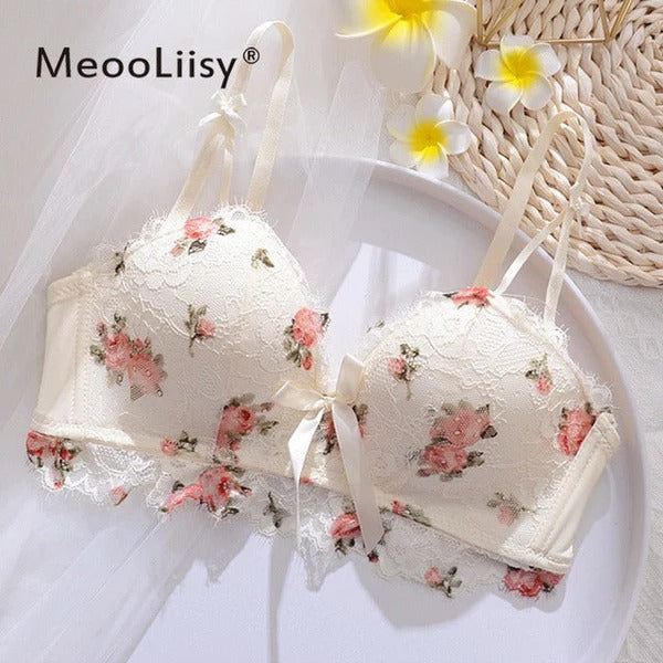 Cute Lace Flower Embroided Adjustable Straps Push Up Bridal Padded Bra