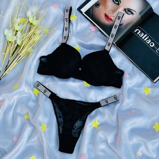 High Quality New Style  victoria's secret Wired Rhinestone Straps Back Hook Adjustable Straps Bra & Panty Set
